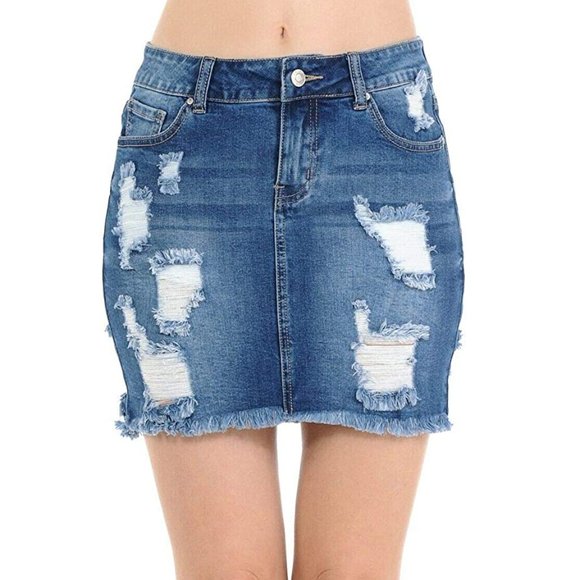 Wax Jean Casual Distressed A-Line Denim Skirt - Picture 1 of 7